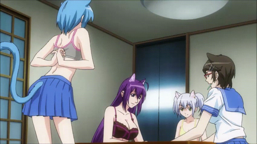 4girls animal_ears animated asobi_ni_iku_yo! ass blue_hair bra breasts cat_ears cat_girl cat_tail chaika cleavage flat_chest kuune melwin multiple_girls nipples panties skirt twintails undressing