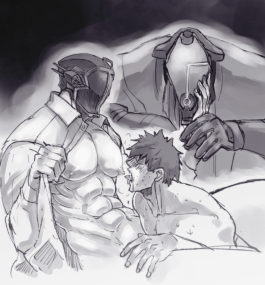 3boys abs anon big_pecs blush bondrewd gay gueira hand_on_another's_face helmet itiharasan made_in_abyss male male_only mask masked masked_male mmm_threesome monochrome muscular muscular_male open_shirt pecs sweat threesome tongue_out undressing voyeur watching yaoi