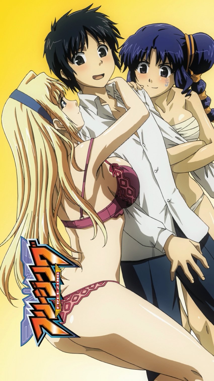 1boy 2girls arm_grab arm_hug ass big_ass big_breasts black_hair blonde_hair blue_hair blush bow bra breasts brown_eyes busty female freezing_(series) fundoshi hairbow highres hug japanese_clothes large_breasts lingerie lingerie_only long_hair male multiple_girls open_mouth panties rana_linchen sarashi satellizer_el_bridget screencap short_hair sideboob smile underwear voluptuous wholesome