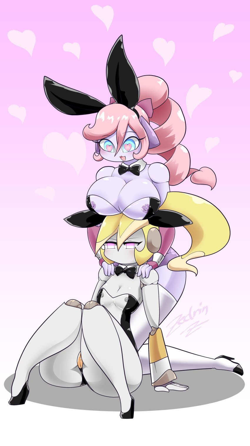 <3_eyes 2022 4k 9:16 absurd_res areola ass big_breasts big_butt blonde_hair blue_eyes blush blush_lines boob_hat breasts bunny_costume cleavage clothed clothing costume duo fake_ears fake_rabbit_ears female genitals grey_body hair heart hi_res huge_breasts humanoid kneeling machine nipples open_mouth pink_eyes pink_hair pivot pivot_(zedrin) pussy pv-02_pivot robot robot_humanoid shadow signature smile socket_(zedrin) text thick_thighs zedrin