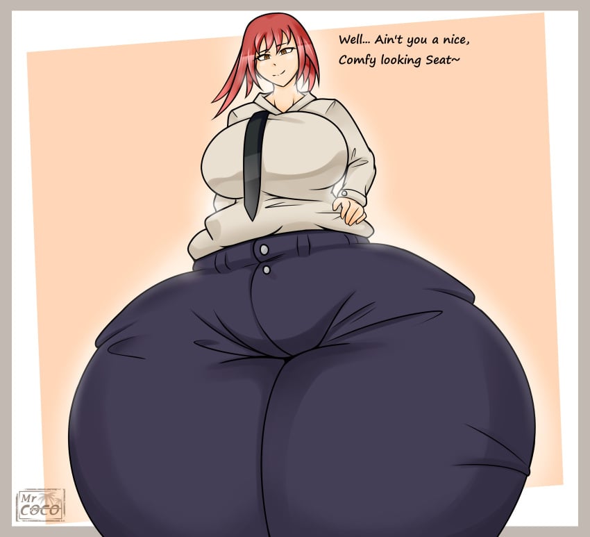 1girls ass big_ass big_butt bottom_heavy chainsaw_man english_text fully_clothed gigantic_ass gigantic_thighs huge_ass huge_thighs hyper hyper_ass large_ass makima_(chainsaw_man) massive massive_thighs mr.coco office_lady red_hair short_hair smile solo solo_female solo_focus text thick thick_thighs thighs thunder_thighs thunderthighs tight_clothing tight_fit wide_hips