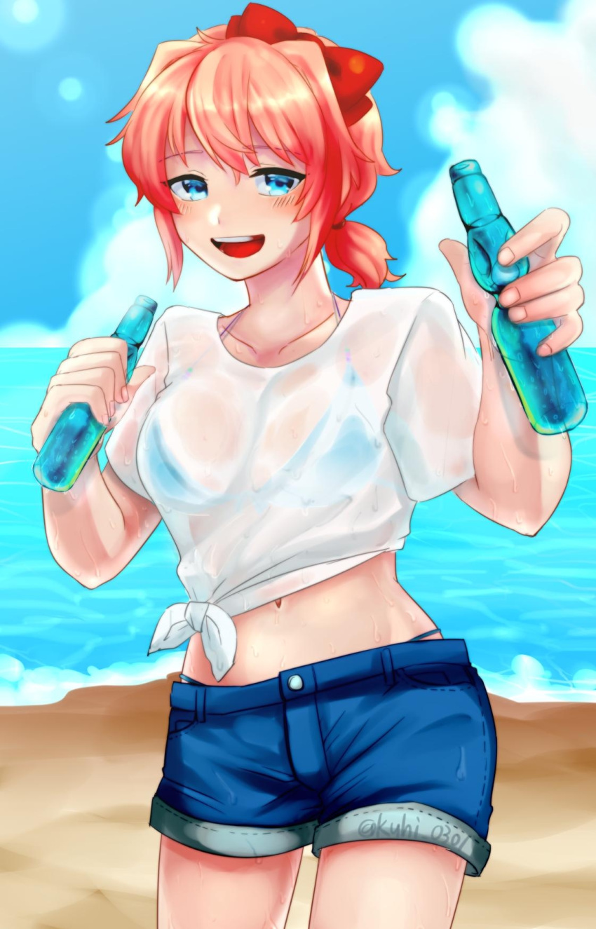 1girls 5_fingers bikini bikini_top blue_bikini blue_bikini_top blue_eyes bottle bottles bow breasts cleavage doki_doki_literature_club female female_only hairbow jean_shorts just_sayori ponytail red_bow red_hair_bow red_hairbow sand sayori_(doki_doki_literature_club) see-through see-through_clothing shorts strawberry_blonde_hair water wet wet_clothes ひお太_(artist)