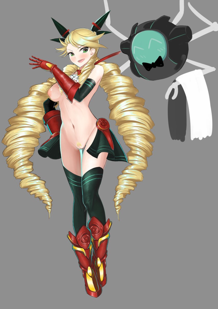 arm_up belly blonde_hair blush collar drill_hair erect_nipples exposed_torso firm_breasts flowers green_eyes hair_ornament hand_on_hip heart-shaped_pupils highres medium_breasts metal_boots metal_gloves myrcia pussy_hair robot shoulder smiling_at_partner smiling_at_viewer the_battle_cats thighhighs twintails