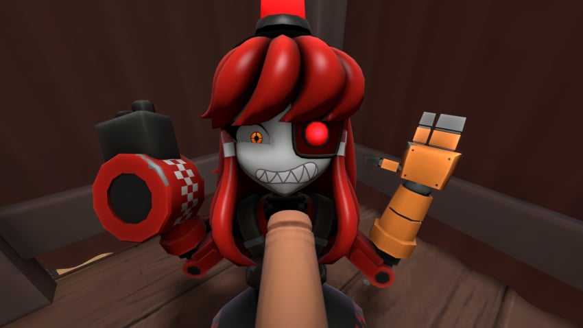 1boy 1girls 3d 3d_model cock_shock crao engineer_(team_fortress_2) female female_focus imminent_oral male mimi_sentry nervous pov red_hair sentry_(team_fortress_2) sentry_turret source_filmmaker surprised team_fortress_2 tf2 valve valve_(company)