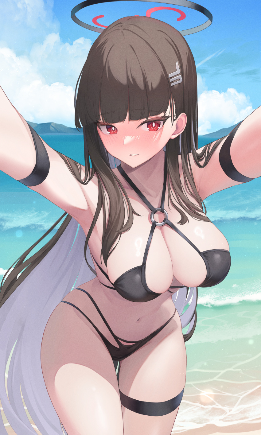 1girls andamiro beach bikini blue_archive large_breasts long_hair millennium_science_school_student pov_hug rio_(blue_archive) seminar_(blue_archive) shiny_breasts