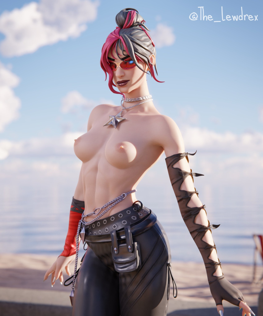 1girls 3d abs areolae armwear athletic athletic_female beach blender bottomwear breasts close-up clouds detailed_background epic_games female female_only fortnite glasses half-dressed half_naked highres kor_(fortnite) lewdrex light-skinned_female light_skin looking_at_viewer medium_breasts multicolored_hair necklace nipples nude nude_female pants pose posing presenting presenting_breasts red-tinted_eyewear sand sky solo standing sunglasses tinted_eyewear topless two_tone_hair undercover_kor watermark