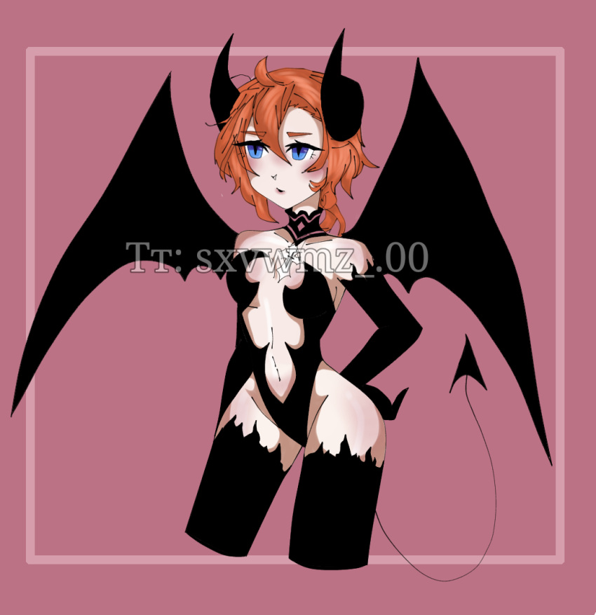 big_ass big_breasts black_wings blue_eyes bsd bungo_stray_dogs chuuya_nakahara female genderswap_(ftm) genderswap_(mtf) gloves horns nakahara_chuuya orange_hair rule_63 small_male stockings succubus sxvwmz_.00 tail thin_waist wings