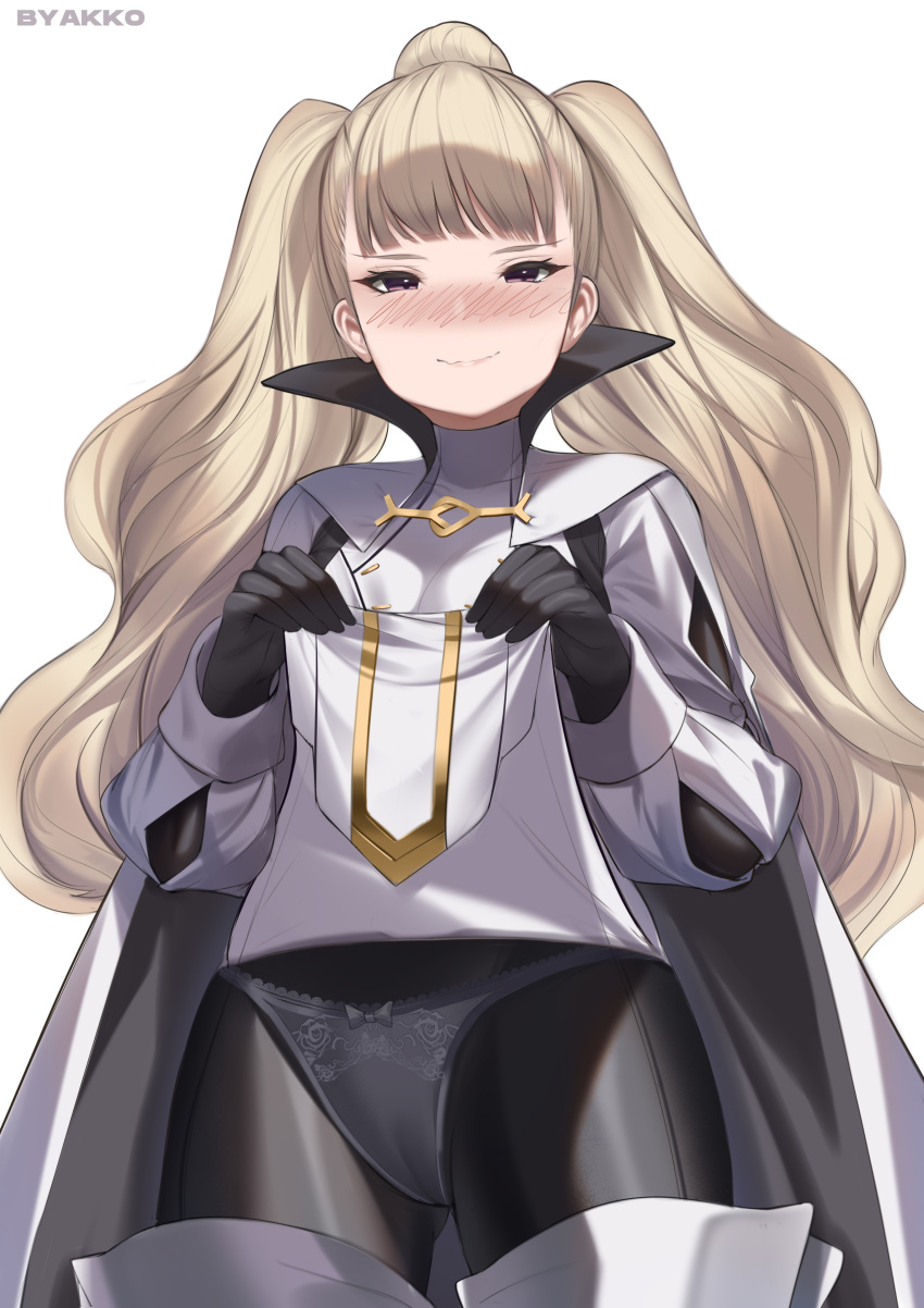 1girls ass_visible_through_thighs black_pants blonde_hair breasts eitri_(fire_emblem) female female_only fire_emblem fire_emblem_heroes fourtwelve gloves lifted_by_self light-skinned_female light_skin long_hair looking_at_viewer nintendo panties pantyhose partially_visible_vulva pelvic_curtain pelvic_curtain_lift ponytail presenting presenting_panties purple_eyes see-through silver_panties small_breasts smile solo underwear very_long_hair white_panties