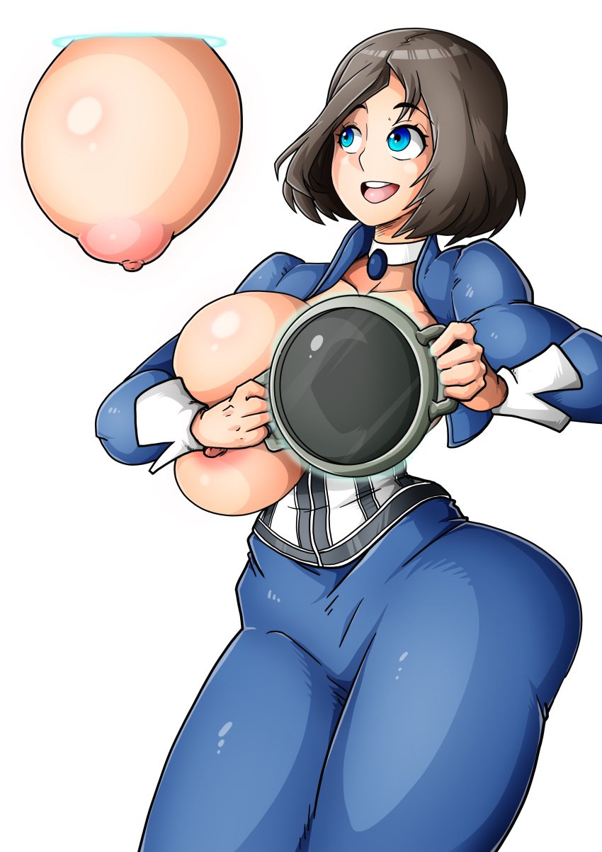 1girls areolae bioshock bioshock_infinite blue_dress blue_eyes breasts breasts_out brown_hair collar corset dress elizabeth_comstock female female_only holding holding_object huge_breasts light-skinned_female light_skin mirror nipples open_mouth portal portaled_breasts short_hair smile solo white_background wide_hips witchking00