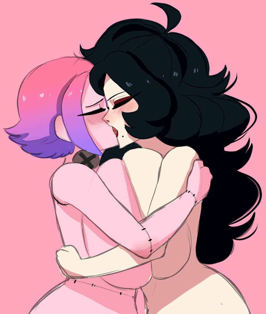 2girls big_ass big_breasts black_hair blush breast_press female female_only huge_breasts hugging hyper_breasts kissing large_ass large_breasts lesbian lucaslife_(yuric_inc) multiple_girls pink_hair pink_skin silvia_(yuric_inc) terra_(yuric_inc) tongue_kiss wide_hips yuri yuric_inc