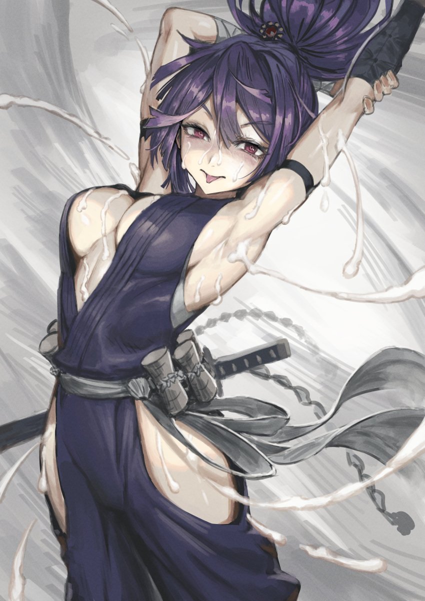 1girls armpits arms_behind_head arms_up big_breasts breasts cleavage clothed jigokuraku kunoichi nekoemonn purple_hair red_eyes sideboob solo sword tongue_out wet yuzuriha_(jigokuraku)