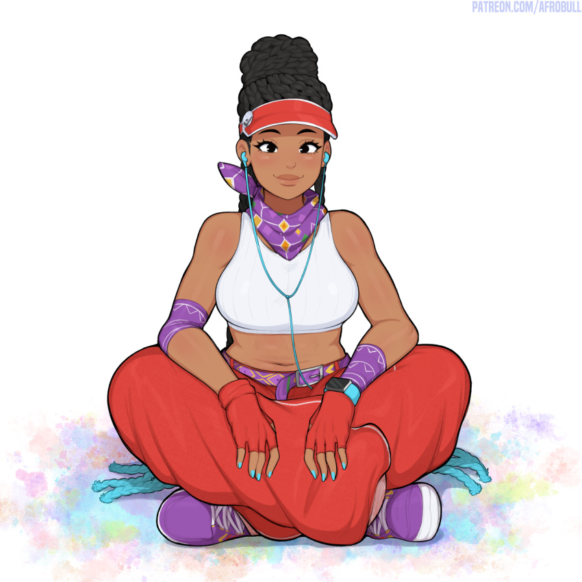 1girls african african_female afrobull alternate_costume alternate_hairstyle baggy_pants black_eyes black_hair braid braided_hair breasts capcom clothed cute dark-skinned_female dark_skin kimberly_jackson listening_to_music shoes sitting smile solo street_fighter street_fighter_6 tagme visor watch white_background