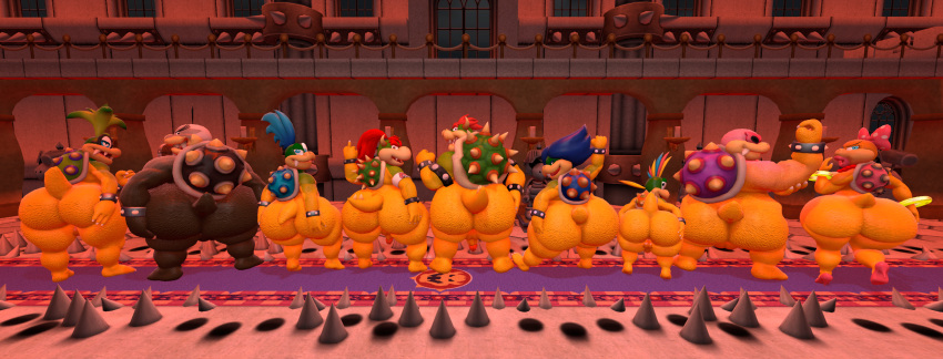 1girls 6+boys 8boys anthro ass backsack balls big_butt bowser bowser_jr. carpet castle casual_nudity dragon family female genitals hand_on_butt hi_res huge_butt iggy_koopa indoors koopa koopaling larry_koopa lemmy_koopa lineup looking_at_viewer looking_back ludwig_von_koopa male mario_(series) morton_koopa_jr. multiple_boys nintendo presenting presenting_hindquarters rear_view reptile roy_koopa scalie spikes super_mario_bros. tecbuttlovefa thick_thighs turtle wendy_o._koopa