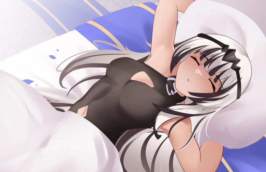 1girls arms_up bangs bed breasts cleavage_cutout closed_eyes collar female female_only fire_emblem fire_emblem_engage long_hair multicolored_hair navel nintendo on_back on_bed open_mouth pillow pillow_grab reeceyd3 sleep_molestation sleeping small_breasts solo very_long_hair veyle_(fire_emblem)