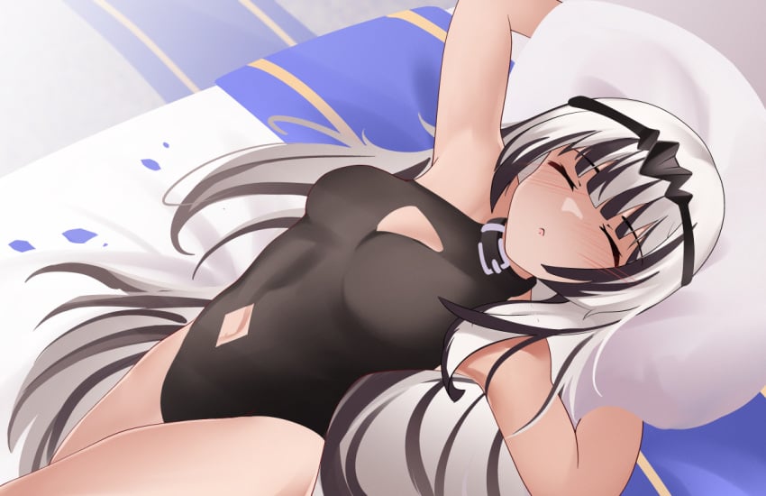 1girls arms_up bangs bare_thighs bed breasts cleavage cleavage_cutout closed_eyes collar female female_only fire_emblem fire_emblem_engage long_hair molestation multicolored_hair navel nintendo on_back on_bed open_mouth pillow pillow_grab reeceyd3 sleep_molestation sleeping small_breasts solo thighs very_long_hair veyle_(fire_emblem)