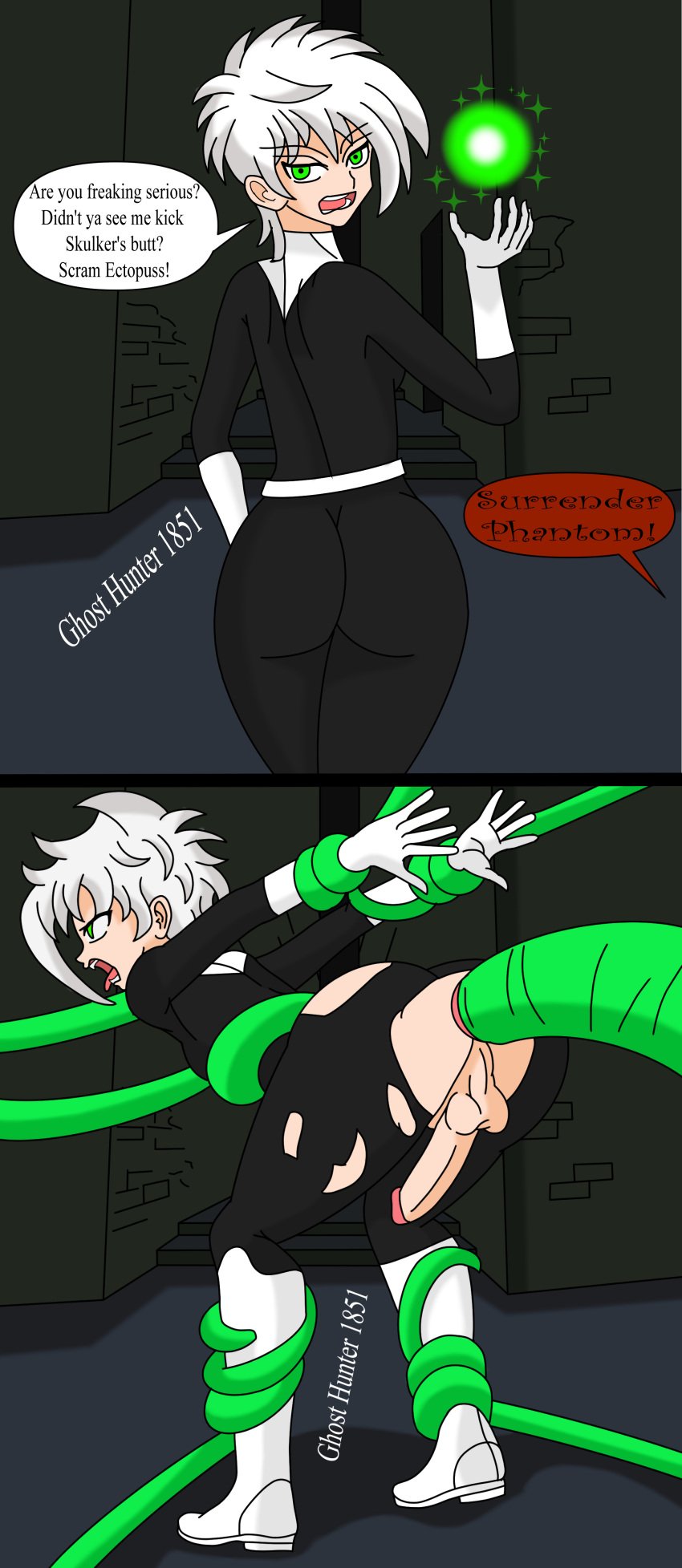 1boy anal anal_insertion anal_sex anime bending_over bubble_ass bubble_butt commentary_request danny_fenton danny_phantom femboy ghosthunter1851(artist) green_eyes huge_ass instant_loss instant_loss_2koma male nickelodeon plug_suit profile rape screaming side_view skin_tight tentacle tentacle_rape tentacle_sex tongue tongue_out white_hair yaoi