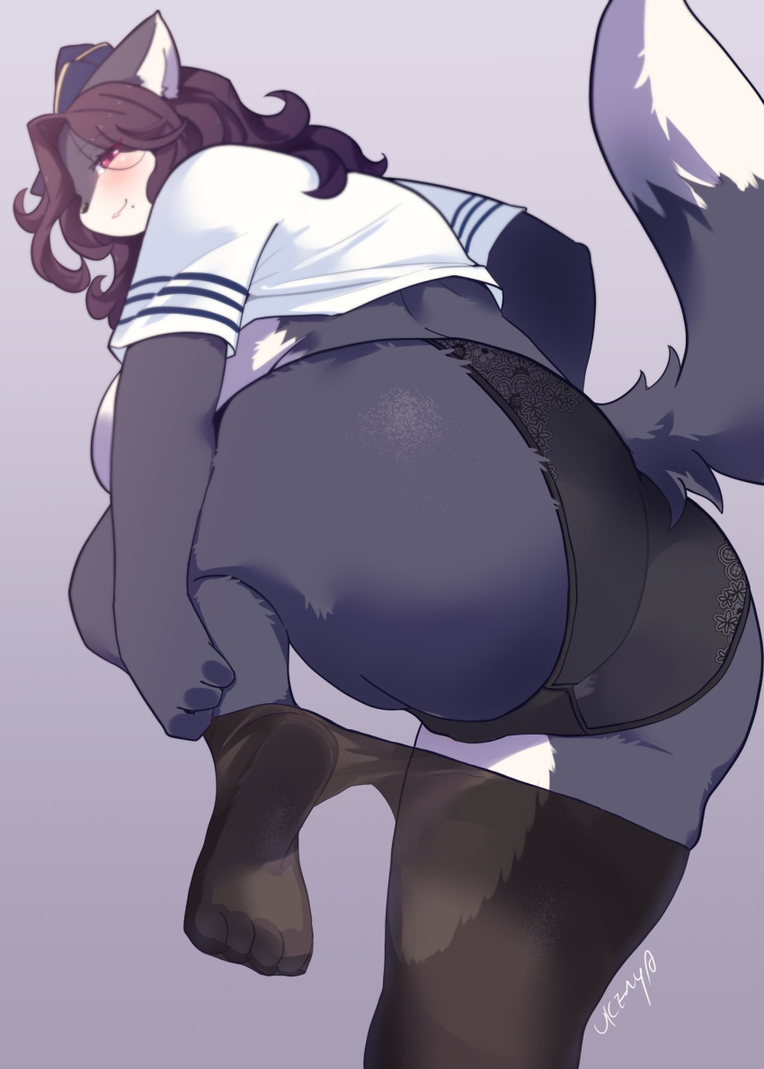 anthro ass ass big_breasts big_butt black_body black_clothing black_fur black_hair black_legwear black_panties black_pantyhose black_underwear blush breasts butt_focus canid canine clothing dressing female fox fur glistening glistening_body gradient_background grey_background hair hi_res huge_ass huge_butt legwear looking_at_viewer looking_back mammal markings mole_(marking) mole_under_mouth panties pantyhose red_eyes shirt side_boob signature simple_background solo tail thick_thighs topwear ukenya underwear white_body white_clothing white_fur white_shirt white_topwear wide_hips