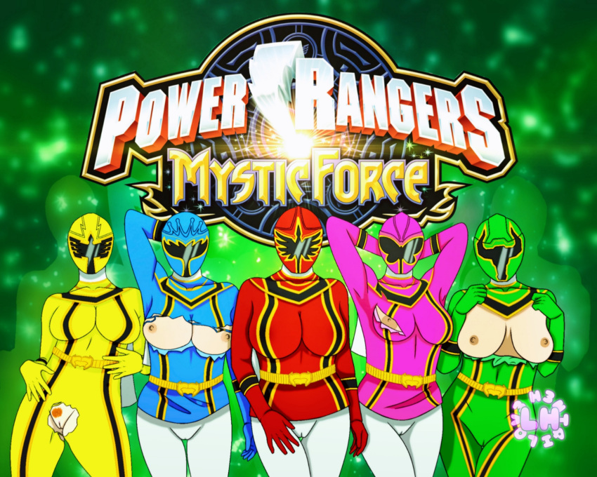 2d 5girls big_breasts blue_ranger blue_ranger_(mystic_force) bodysuit fake_advertisement female_only green_ranger helmet multiple_girls nipples pink_ranger pink_ranger_(mystic_force) poster power_rangers power_rangers_mystic_force pussy red_ranger ripped_clothing rule_63 torn_clothes yellow_ranger