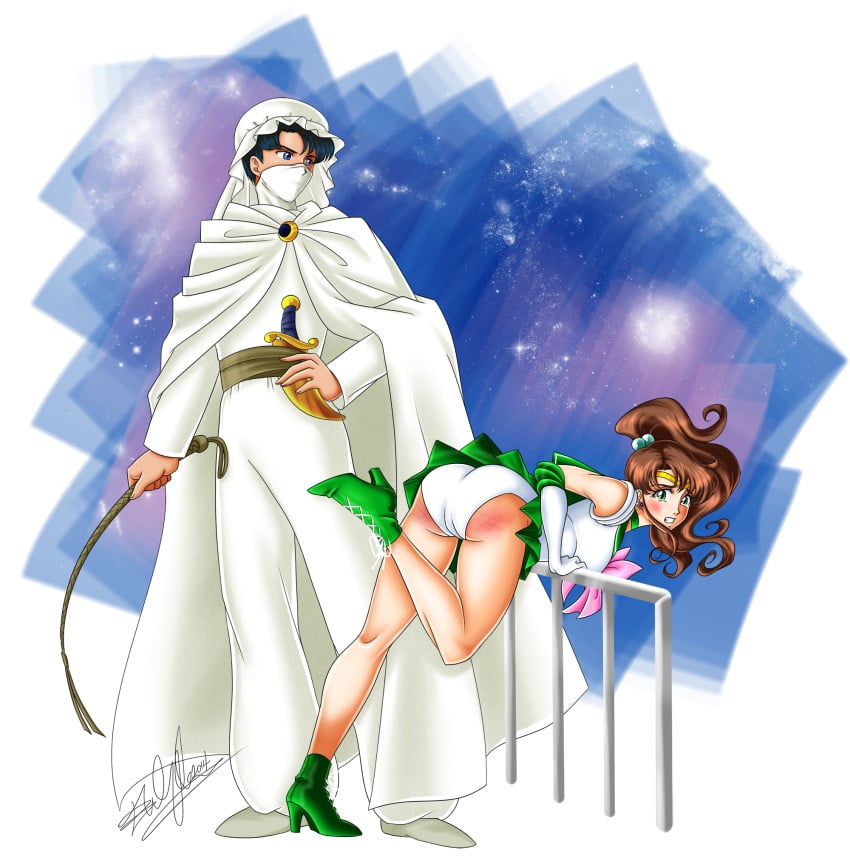 1boy 1girls ankle_boots ass bishoujo_senshi_sailor_moon boots brown_hair brunette choker clothing dagger elbow_gloves emilia89 femsub gloves green_eyes high_heel_boots makoto_kino maledom mamoru_chiba moonlight_knight panties ponytail sailor_jupiter skirt skirt_up smooth_skin tiara tuxedo_mask whip whip_marks