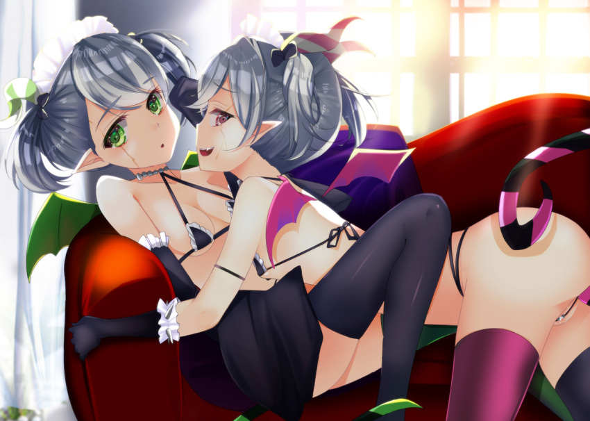 2girls ariane_the_labrynth_servant arianna_the_labrynth_servant demon_girl duel_monster female green_eyes grey_hair highres horns light_blush long_hair looking_at_viewer maid_headdress multiple_girls nude open_mouth pink_eyes pointy_ears striped tongue_out twintails young yu-gi-oh!