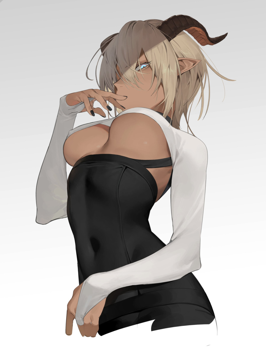 1girls bangs black_bodysuit black_nails blonde_hair blue_eyes bust dark-skinned_female finger_in_mouth hair_over_one_eye highres horns large_breasts long_sleeves looking_down monster_girl navel ogyazombie original pointy_ears short_hair slim_waist straps underboob upper_body white_background white_topwear