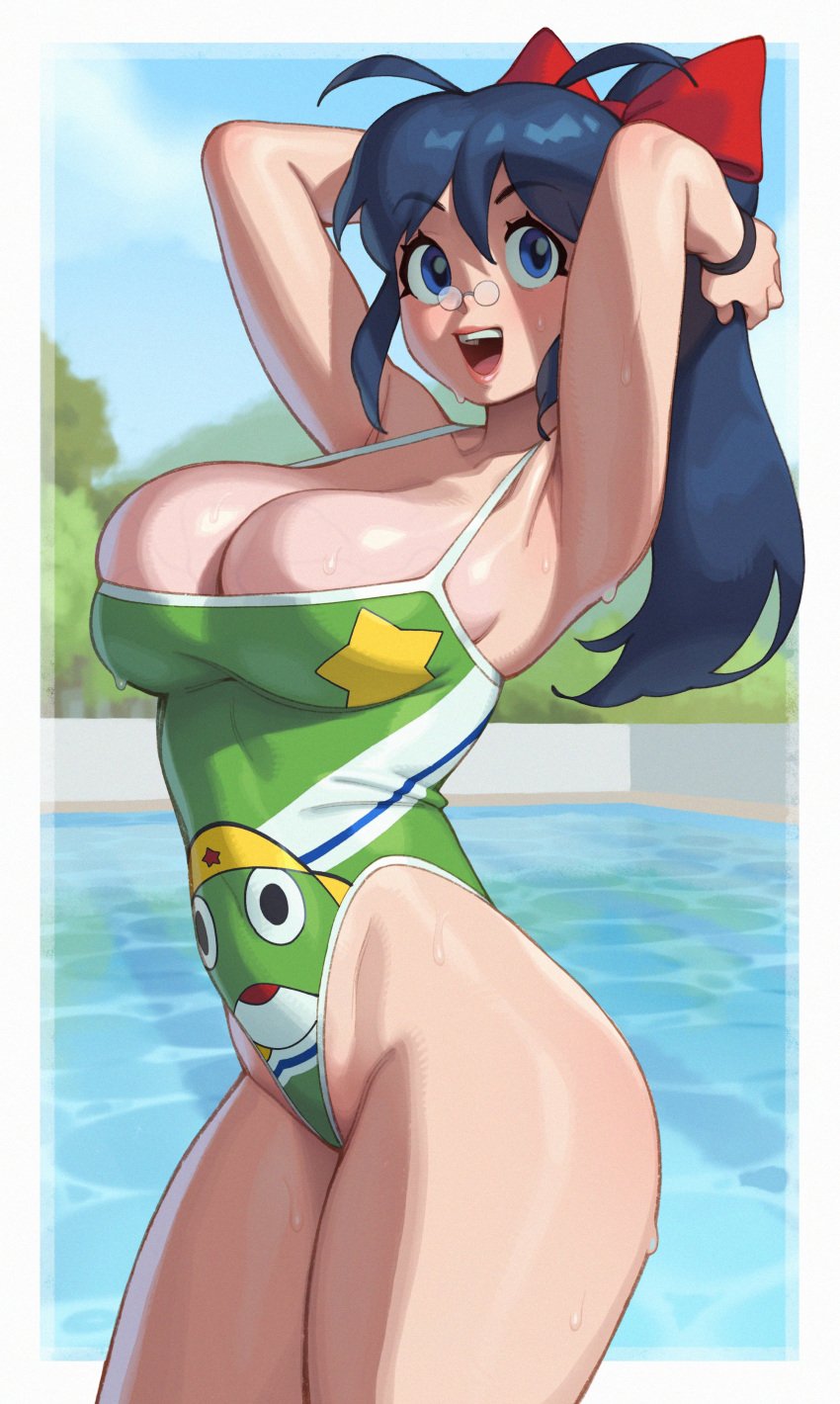 1girls 2023 aki_hinata blue_hair breasts cleavage female female_focus female_only hips keroro_gunsou large_breasts light-skinned_female light_skin long_hair milf naughty_face one-piece_swimsuit ponytail rizdraws slim_waist smile swimsuit thick_thighs thighs wide_hips