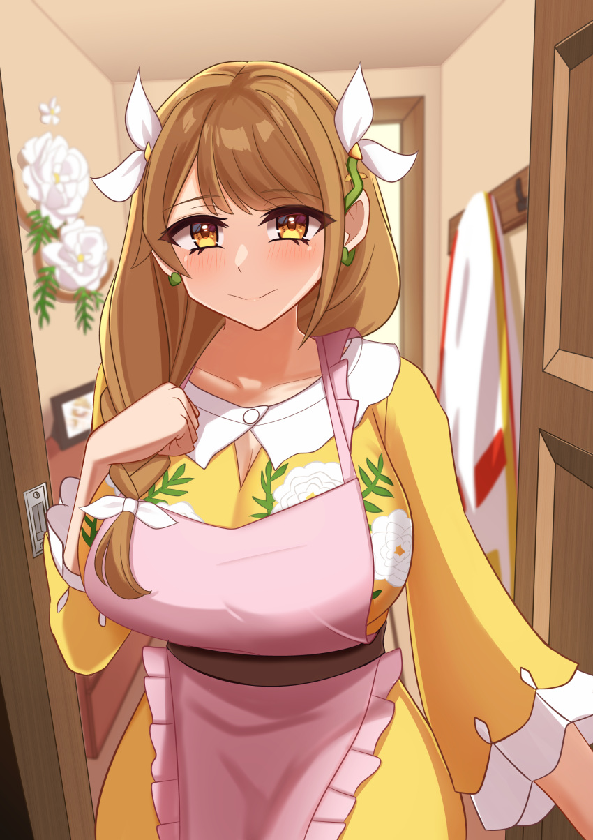 1girls apron braid breasts brown_eyes brown_hair cleavage cleavage_cutout closed_mouth clothing_cutout door dress earrings female female_only fire_emblem fire_emblem_engage frilled_apron frills goldmary_(fire_emblem) hair_over_shoulder hair_ribbon highres huge_breasts jewelry kirby_lord long_hair looking_at_viewer nintendo open_door opening_door ribbon side_braid side_ponytail solo yellow_dress