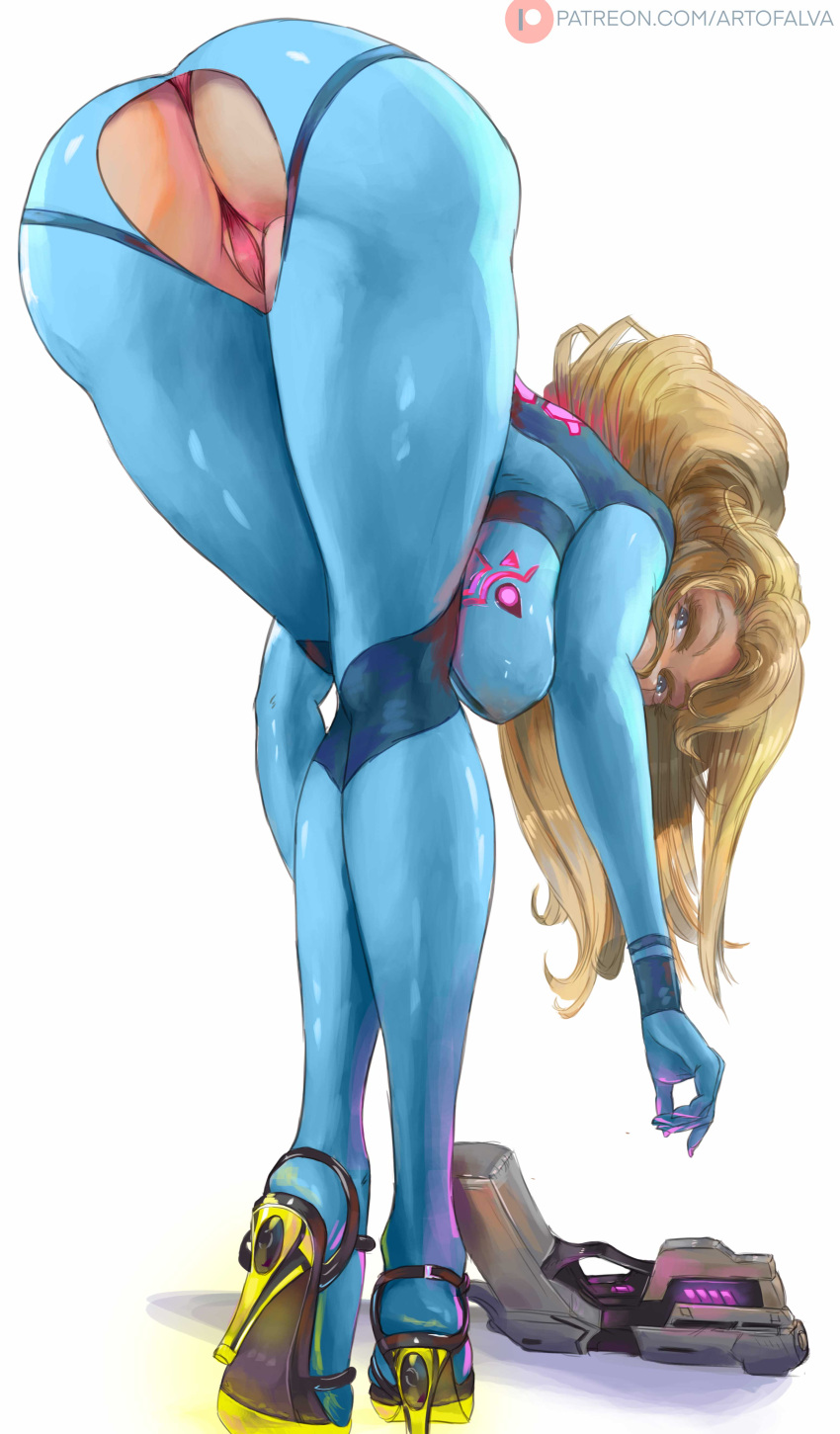 1girls absurd_res artofalva bimbo blonde_hair bubble_butt cutesexyrobutts_(style) female_focus female_only hi_res high_heels huge_breasts latex_suit long_hair looking_at_viewer looking_back metroid panties pink_thong samus_aran skin_tight thong voluptuous voluptuous_female