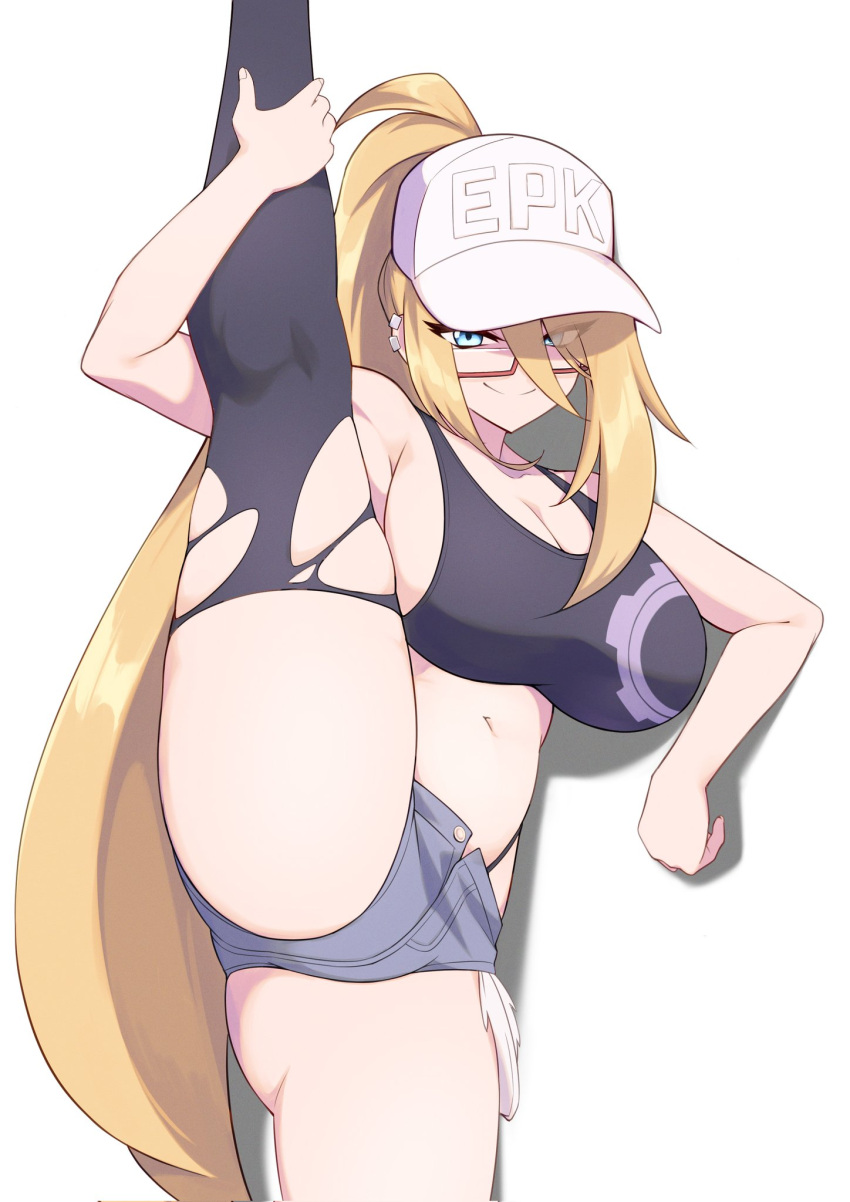 1girls belly_button blonde_hair blue_eyes cap female female_only glasses hat huge_breasts leg_up light-skinned_female light_skin looking_at_viewer original ponytail projectorzero shorts smile solo tank_top tanya_(extheman) white_cap