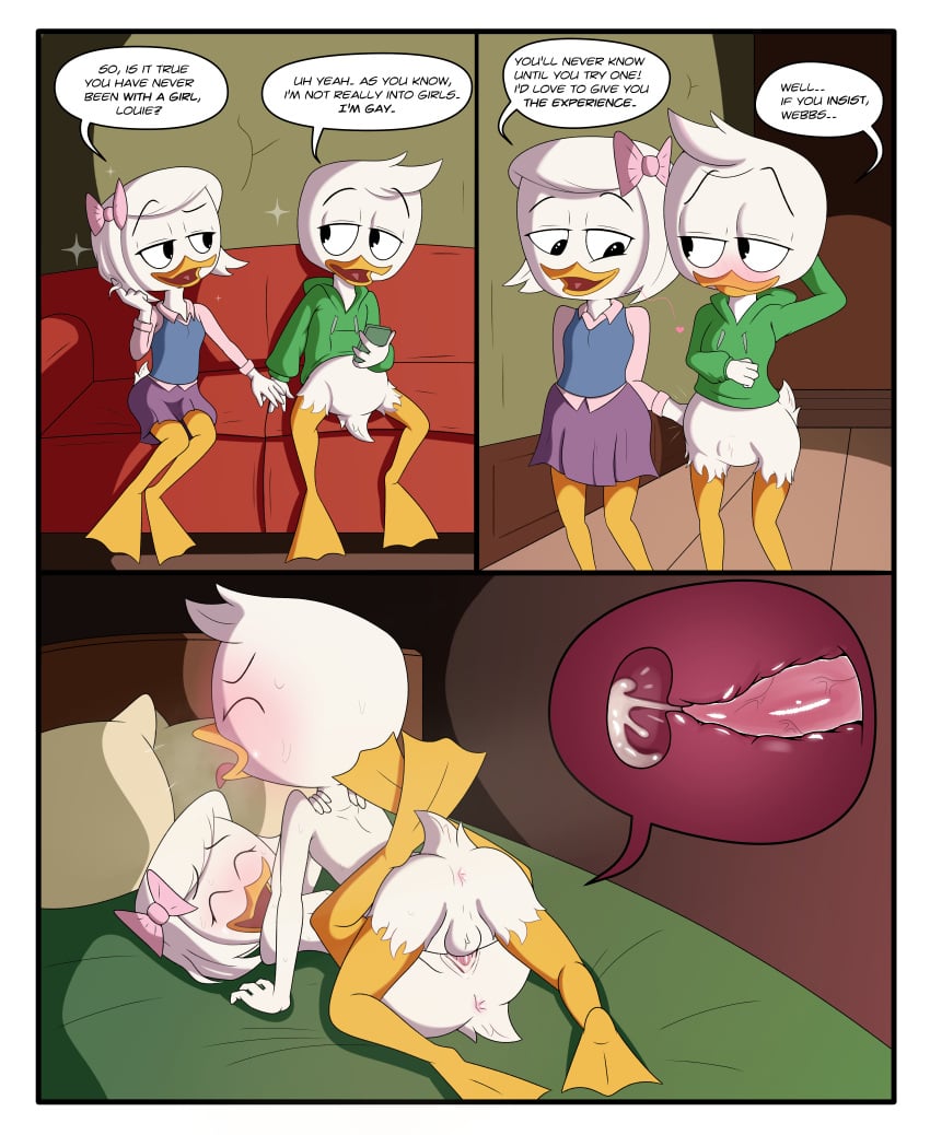 absurdres anatid anseriform avian bed bird blush bodily_fluids closed_eyes comic cum cum_inside dialogue disney duck ducktales ducktales_(2017) duo female furniture genital_fluids genitals highres incest limettin louie_duck male penis pussy sex sofa straight vaginal_penetration webby_vanderquack