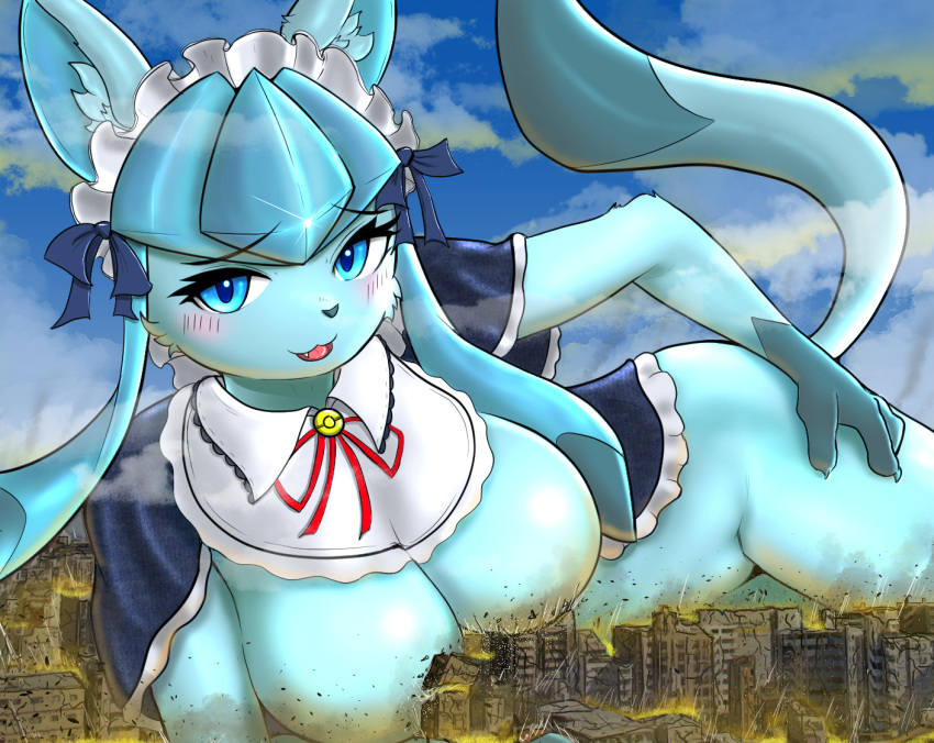 2023 anthro anthrofied bedroom_eyes big_breasts blue_eyes breasts city city_destruction cloud destruction digital_media_(artwork) eeveelution generation_4_pokemon giantess glaceon looking_at_viewer macro maid_headdress narrowed_eyes nekojyaras77 nintendo pokemon pokemon_(species) seductive sky