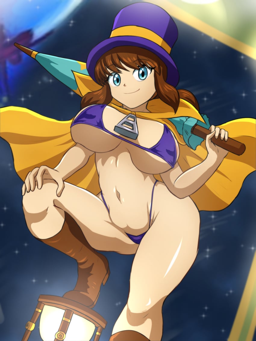 a_hat_in_time aged_up arms_behind_back ass ass_visible_through_thighs bikini bikini_bottom bikini_top blue_eyes blue_umbrella boots breasts brown_boots brown_hair cape chubby chubby_female hat hat_adult hat_kid houseki_hiiro huge_ass huge_breasts large_ass large_breasts navel nipples nipples_visible_through_clothing purple_bikini purple_bikini_bottom purple_bikini_top purple_hat purple_swimsuit purple_swimwear smile smiling swimsuit thick thick_ass thick_body thick_breasts thick_butt thick_hips thick_legs thick_thighs umbrella vagina wide_hips yellow_cape