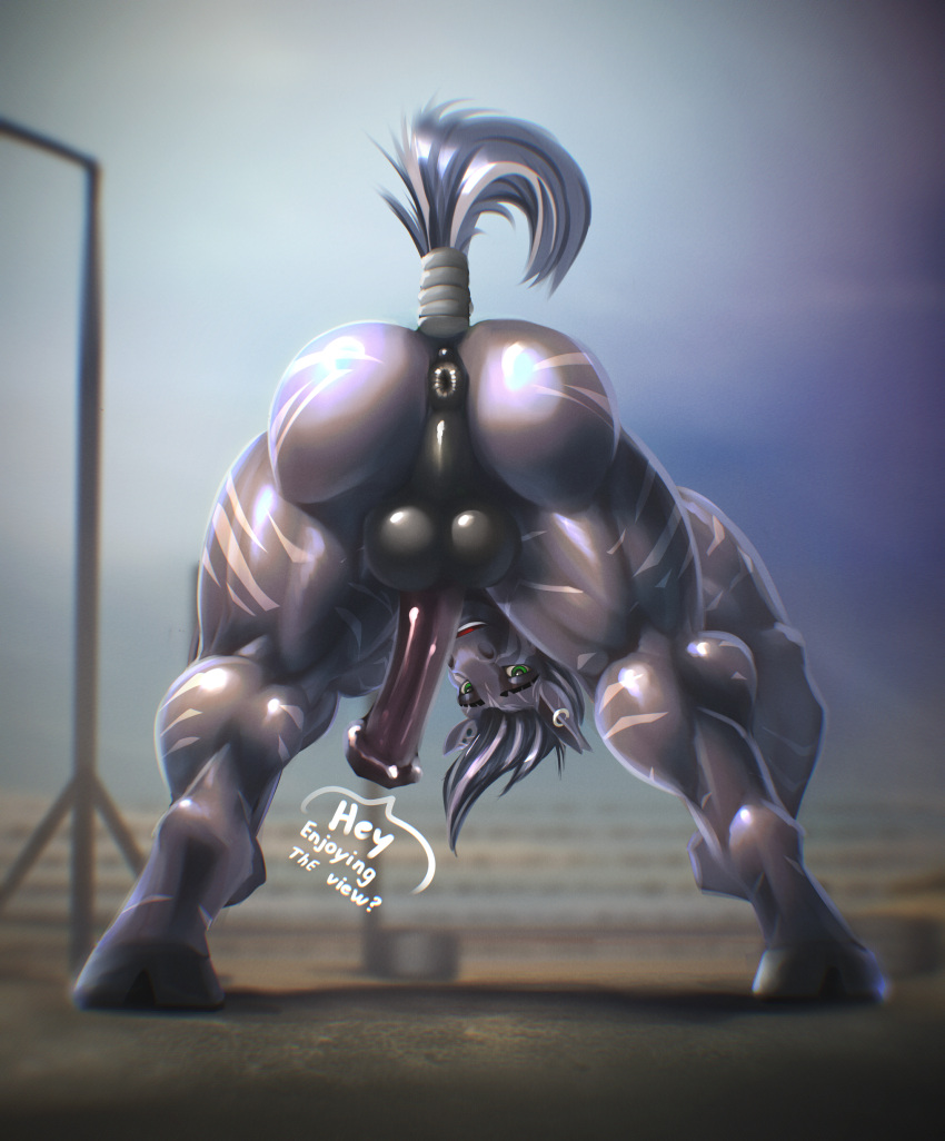 absurd_res animal_genitalia animal_penis anthro anus ass balls_outline big_muscles bottomwear bulge clothing dialogue digitigrade ear_piercing equid equine equine_genitalia equine_penis genital_outline genitals hi_res hooves huge_muscles huge_thighs looking_at_viewer looking_back looking_back_at_viewer male mammal muscular muscular_anthro muscular_butt muscular_male muscular_thighs penis piercing rizzy_stripe rizzyofen smile solo speech_bubble stretching talking_to_viewer thick_thighs zebra