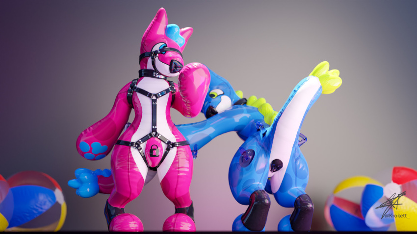 3d_(artwork) animate_inanimate anthro ass ball bappers beach_ball big_butt blue_body chastity_device collar digital_media_(artwork) dragon duo handles_on_hips harness hi_res inflatable krokett latex male multicolored_body null_bulge pink_body plastic pool_toy presenting simple_background strategically_placed_hole