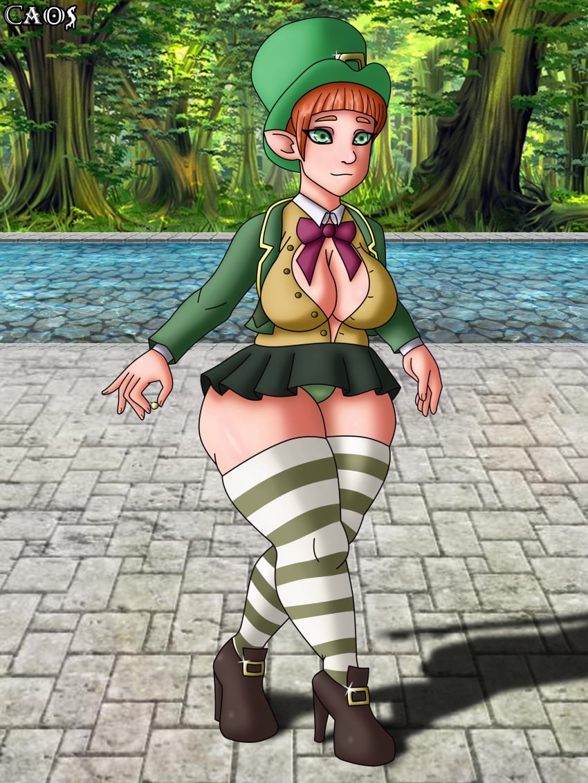 big_ass big_boobs big_breasts big_butt breasts caosenriqueart curvy female female_leprechaun full_body green_eyes high_heels large_breasts leprechaun leprechaun_(luck) luck orange_hair solo