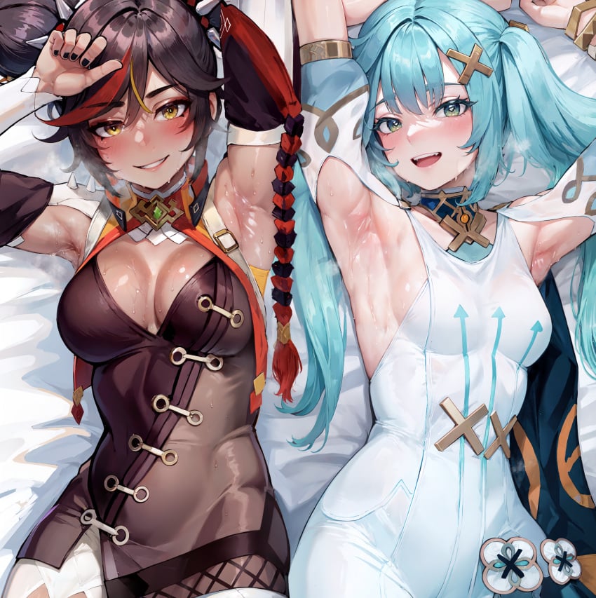 2girls :d ai_generated aqua_eyes aqua_hair armpits arms_up bangs bare_shoulders bed_sheet black_hair black_nails blush braid breasts cleavage cowboy_shot dress faruzan_(genshin_impact) genshin_impact green_eyes grin hair_between_eyes hair_ornament long_hair looking_at_viewer lying medium_breasts multicolored_hair multiple_girls nail_polish on_back on_bed open_mouth parted_lips pixiv_link presenting_armpit red_hair sleeveless_dress small_breasts smile spikes stable_diffusion steaming_body sweat symbol-shaped_pupils teeth twintails white_dress x_hair_ornament xinyan_(genshin_impact) xinyandegen yellow_eyes