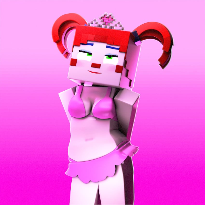 3d 3d_(artwork) animation_lobby animatronic baby_(fnafsl) bra circus_baby circus_baby_(fnaf) circus_baby_(minecraft) fazbear_&_friends_(zamination) five_nights_at_freddy's green_eyes minecraft naughty naughty_face panties pink_panties princess red_hair skirt solo solo_female white_fur