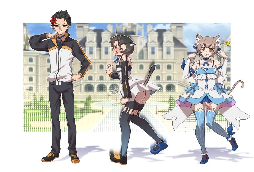 1boy bimbofication cat_ears cat_tail catboy crossdressing erasethismail felix_argyle femboy feminine_male feminization natsuki_subaru no_panties pose re:zero_kara_hajimeru_isekai_seikatsu sequence solo_male standing thighhighs transformation transformation_sequence twinning