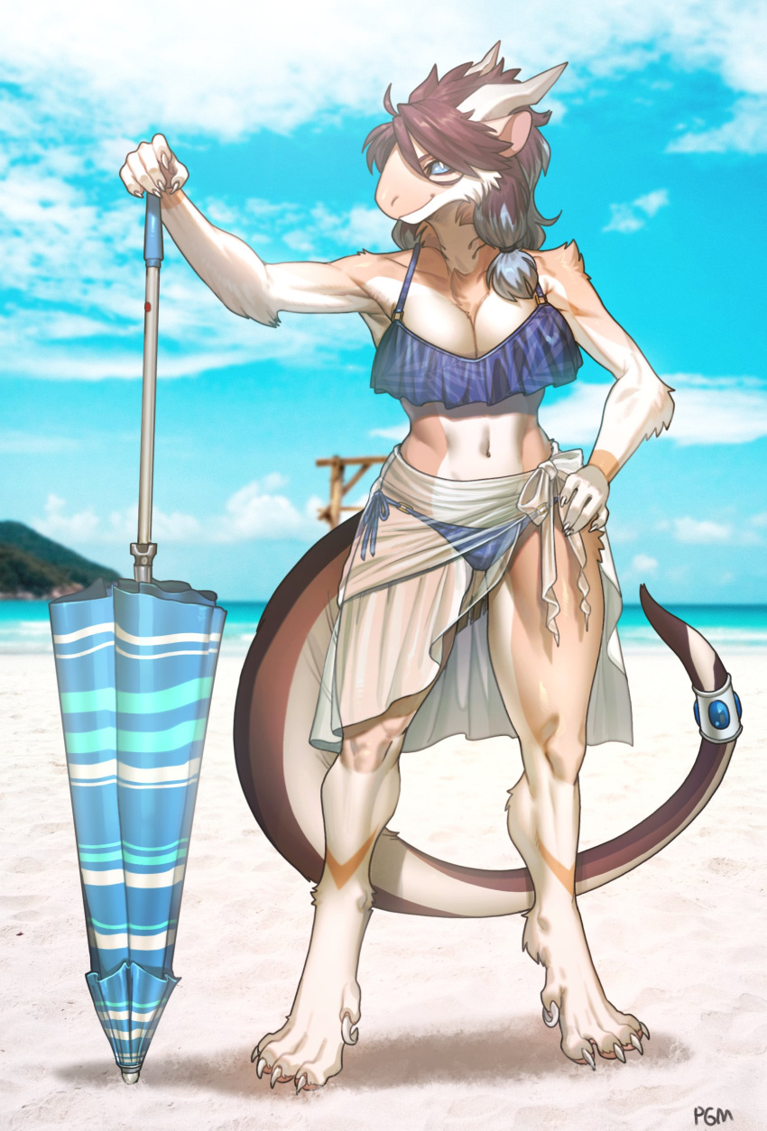 1girls accessory anthro arm_tuft beach beach_umbrella bikini blue_bikini blue_clothing blue_eyes blue_swimwear breasts chest_tuft clothing collarbone dragon elbow_tuft female female_only fur furgonomics furred_dragon hair hand_on_hip hi_res hip_tuft horn jewelry looking_at_viewer navel outside pgm300 photography_(artwork) pupils ring sarong schewiener seaside shoulder_tuft side-tie_bikini slit_pupils smiling smiling_at_viewer solo string_bikini swimwear tail tail_accessory tail_jewelry tail_ring tuft umbrella wingless_dragon