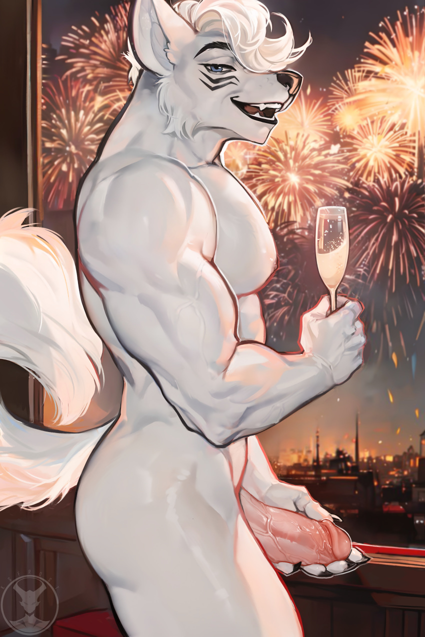 absurd_res champaign fireworks hi_res ksfrost male muscular new_years_eve nude pinup pose wolften234