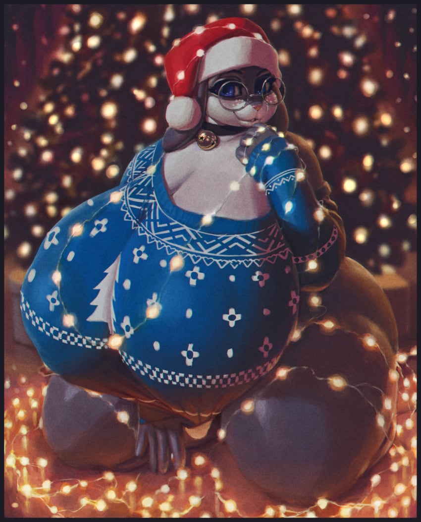 2022 absurd_res anthro ass big_breasts big_butt black_border blush border breasts christmas christmas_clothing christmas_headwear clothing curvy_figure digital_media_(artwork) eyelashes eyewear female glasses hat headgear headwear hi_res holidays huge_breasts huge_butt huge_hips huge_thighs hyper hyper_bimbo hyper_breasts lagomorph mammal patacon purple_eyes santa_hat solo sweater thick_thighs topwear voluptuous