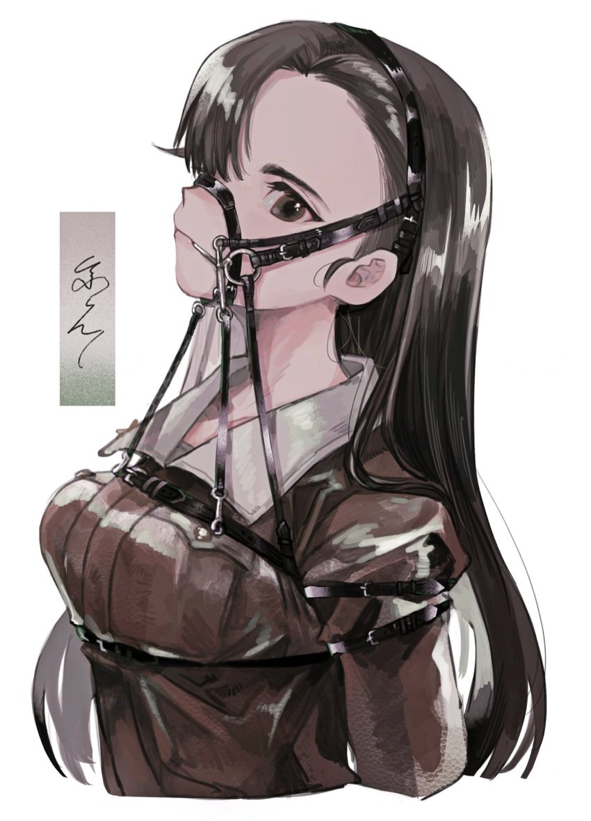 1girls asymmetrical_bangs bit_gag bondage breasts bridle brown_eyes brown_hair brown_shirt gag gagged girls_und_panzer hair_over_one_eye harness harness_bit_gag long_hair looking_at_viewer medium_breasts nishi_kinuyo pet_play petplay pony_play shirt tama_launcher