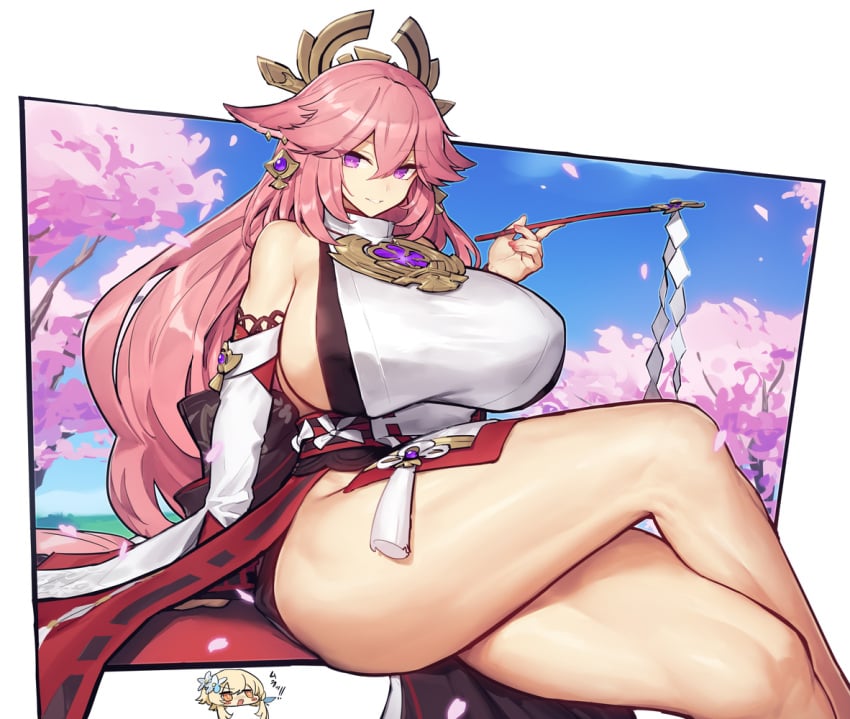 1girls animal_ears big_breasts breasts_bigger_than_head crossed_legs earrings female female_only genshin_impact hair_ornament huge_breasts japanese_clothes large_breasts legs long_hair looking_at_viewer melon22 pink_hair purple_eyes sitting solo solo_female thick thick_thighs thighs voluptuous yae_miko