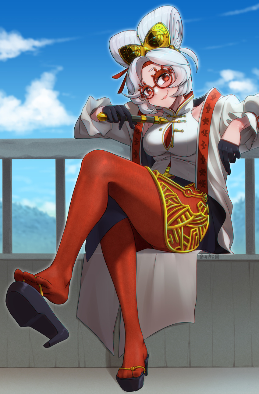 blush bob_cut breasts chinese_clothes clothed fan feet feet_fetish feet_focus folding_fan foot_fetish foot_focus glasses goggles goggles_on_head hair hair_ornament hi_res high_resolution highres japanese_clothes japanese_clothing legs legwear pantyhose purah purah_(tears_of_the_kingdom) red_eyes red_legwear seductive seductive_smile shoes shoes_removed short_hair smile tears_of_the_kingdom the_legend_of_zelda thighs white_hair yamauchi_(conan-comy)