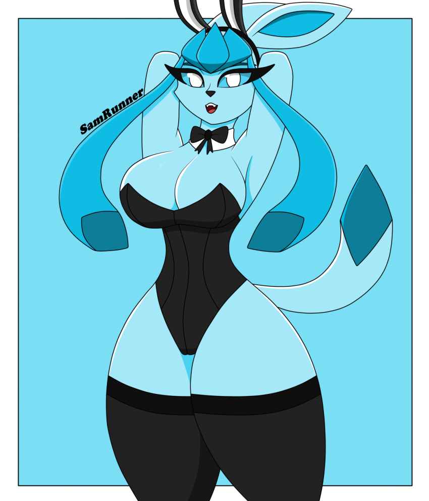 big_breasts breasts bunny bunny_girl bunnysuit clothing eeveelution female fur furry glaceon looking_at_viewer pokémon_(species) pokemon pokemon_(species) samrunner solo thick_thighs thighs white_border