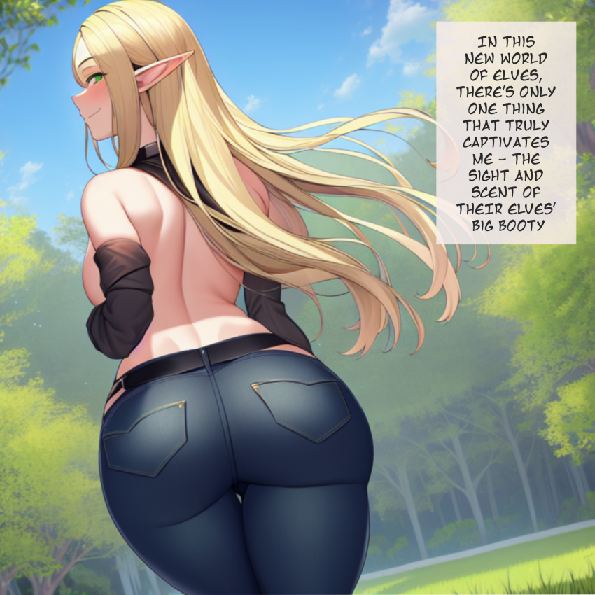 1girls ai_generated alborewimi ass ass_focus bare_back bare_shoulders belt big_ass big_butt black_sleeves blonde_hair blue_jeans blush caption denim denim_bottomwear denim_clothing denim_jeans edit elf elf_ears english_text fat_ass female from_behind green_eyes heavenly_ass jeans levanta_cola_jeans light-skinned_female looking_at_viewer looking_back mature_female nai_diffusion narration naughty_face outdoors pawg pockets pointy_ears rear_view round_ass round_butt seductive seductive_smile solo solo_focus stable_diffusion standing tease teasing teasing_viewer text_bubble thick_ass thigh_gap tight_clothing tight_jeans