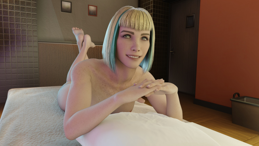 3d_(artwork) blonde_hair blue_eyes ela_(rainbow_six) freckles kjthegrimreaper looking_at_viewer lying_on_stomach massage_parlor massage_table nude nude_female rainbow_six rainbow_six_siege smile smiling smiling_at_viewer solo