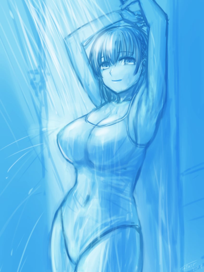 1girls ai-chan_(tawawa) armpits arms_above_head big_breasts breasts busty cleavage covered_navel female female_only getsuyoubi_no_tawawa highres large_breasts legs looking_at_viewer one-piece_swimsuit seductive_smile sensual sexy_armpits short_hair showering smile swimsuit thighs voluptuous wet