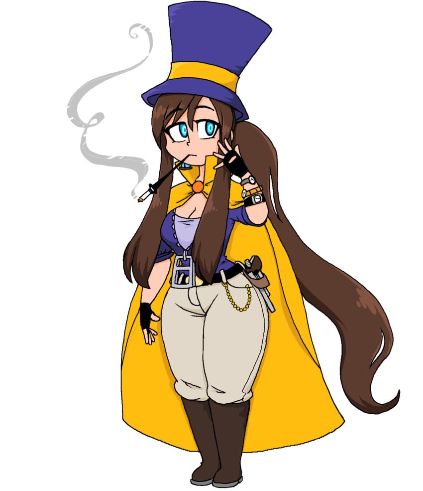 a_hat_in_time beige_pants blue_eyes breasts brown_hair cleavage hair_tie hat hat_adult hat_kid jacket jeans large_breasts pants ponytail purple_hat purple_jacket purple_shirt shirt smoke smoking thattechnique thick_hips thick_legs thick_thighs tie tied_hair watch white_shirt