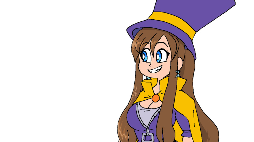 a_hat_in_time blue_eyes breasts brown_hair cape cleavage hair_tie hat hat_adult hat_kid jacket large_breasts ponytail purple_hat purple_jacket purple_shirt shirt smile smiling thattechnique tie tied_hair watch white_shirt yellow_cape zipper